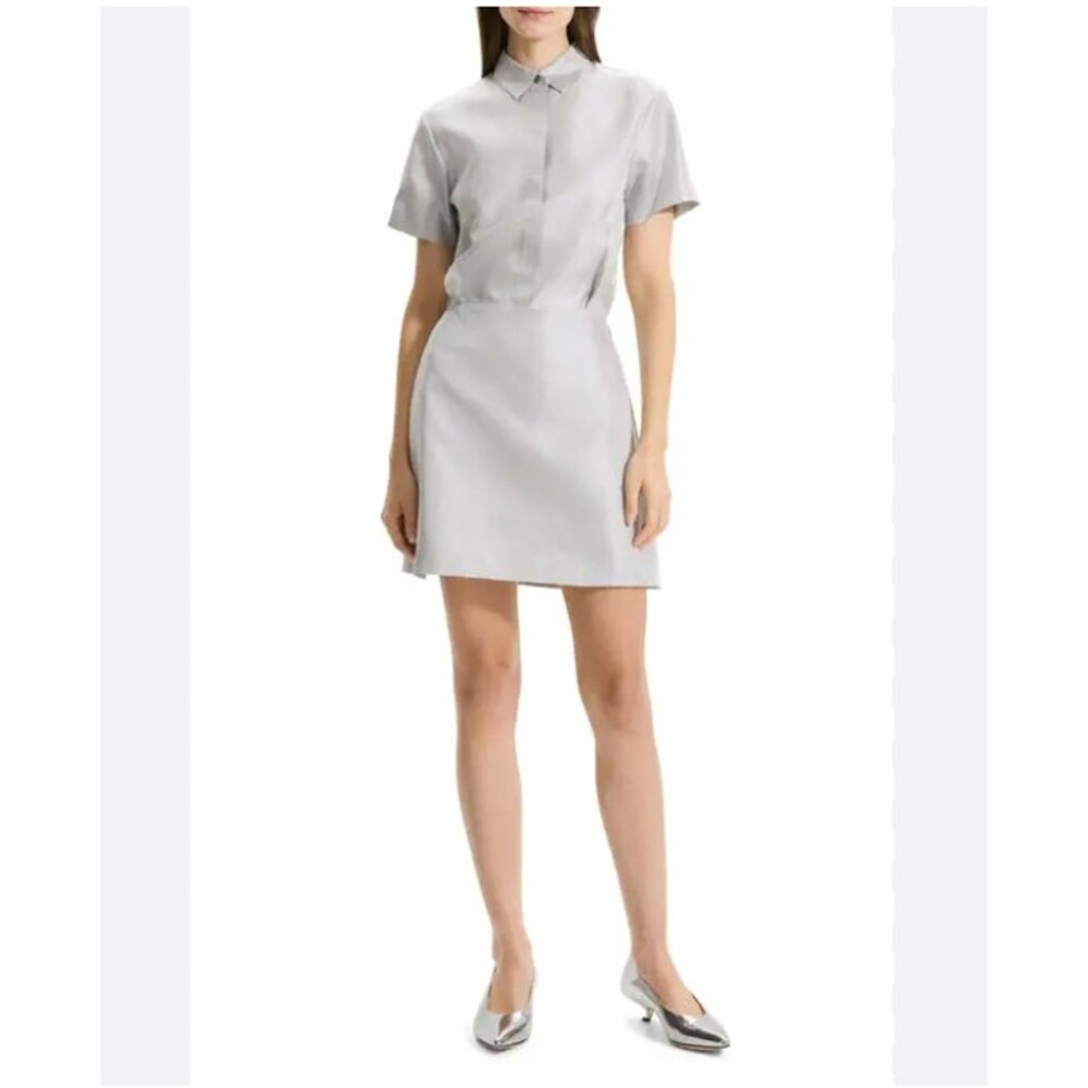 Theory Dress Womens 6 Gray Shantung Twill Collared Short Sleeve Shirt Mini